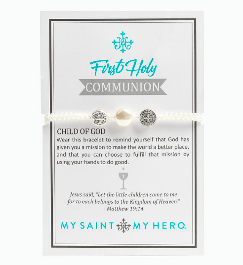 First Holy Communion Blessing Bracelet - Swarovski Pearl My Saint My Hero