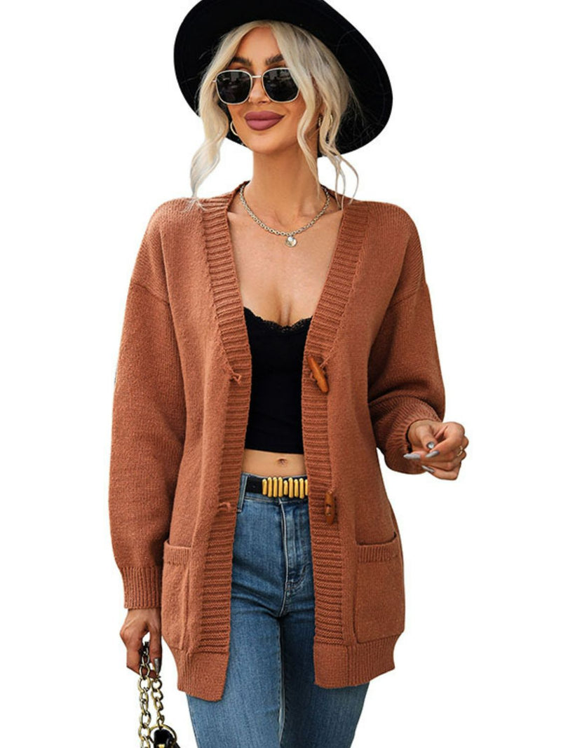 Toggle Closure Ribbed Trim Dropped Shoulder Cardigan-Online Exclusive