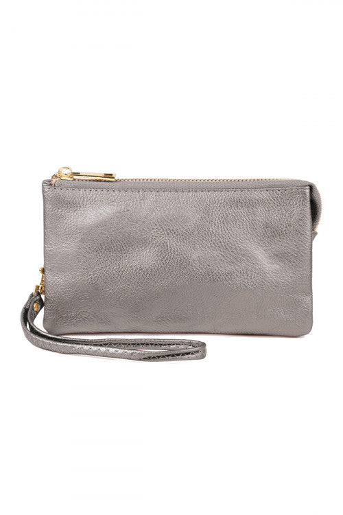Vegan Leather Wallet with detachable wristlet-Light Silver