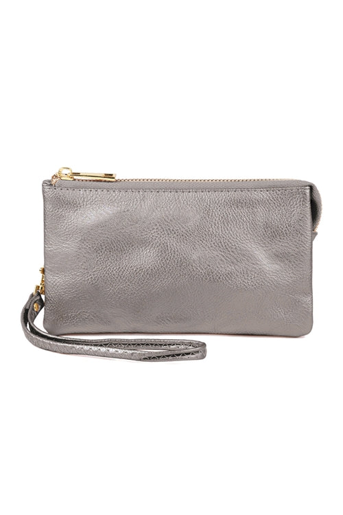 Vegan Leather Wallet with detachable wristlet-Metallic Grey