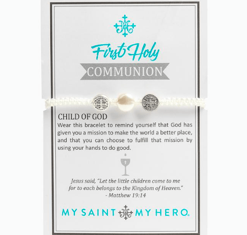 First Holy Communion Blessing Bracelet - Swarovski Pearl My Saint My Hero 