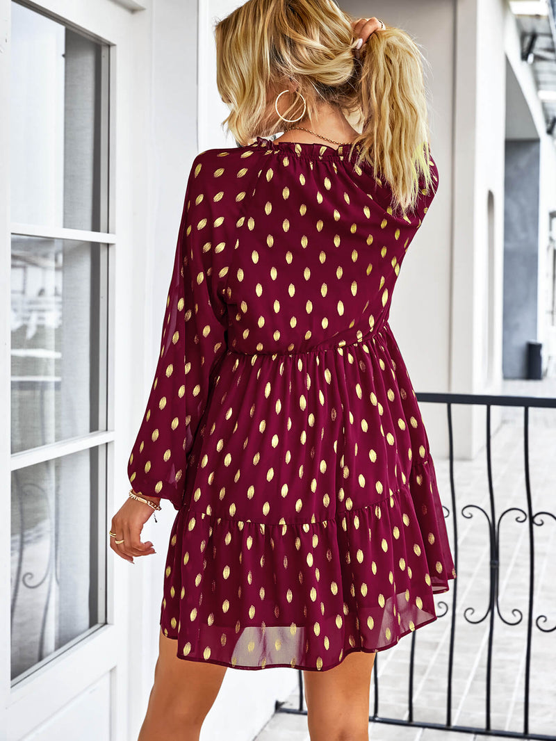 Dotted Tie-Neck Frill Trim Tiered Dress-Online Exclusive