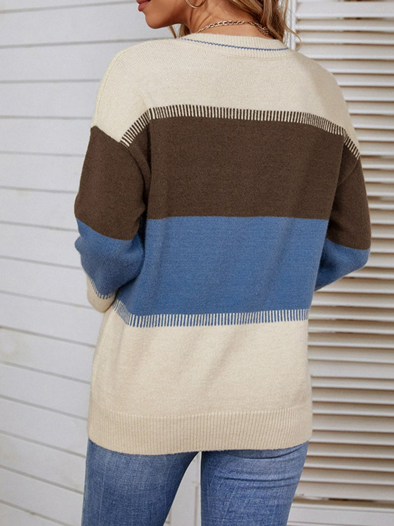 Color Block V-Neck Dropped Shoulder Tunic Sweater-Online Exclusive