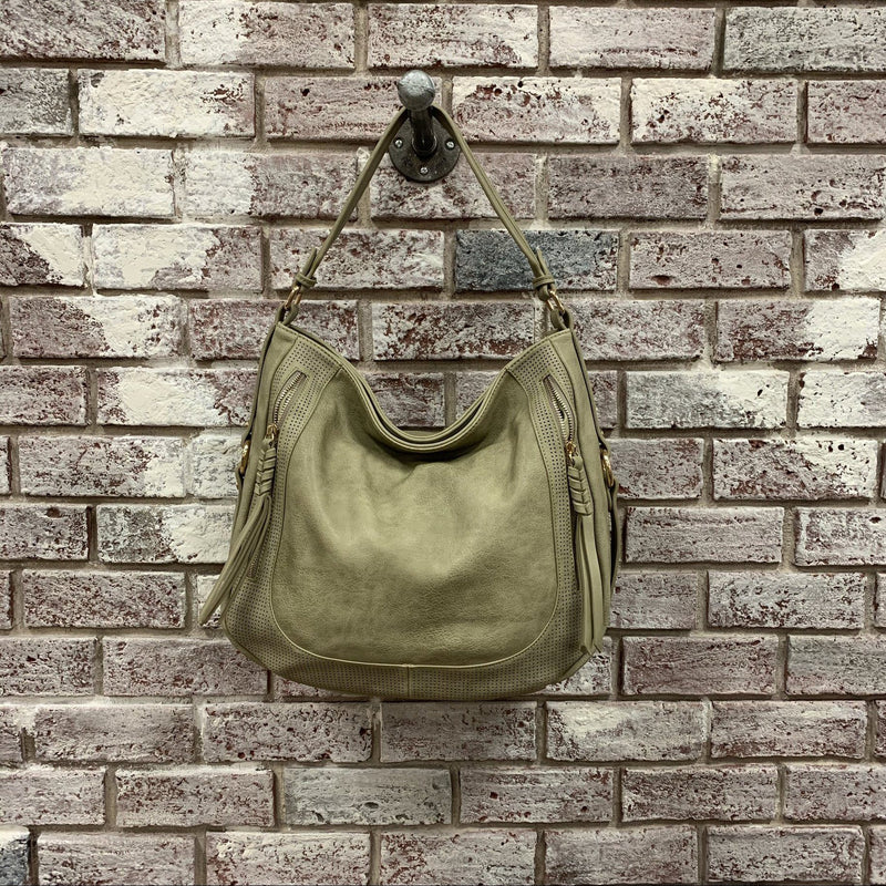 Front Pocket Accent Perforated Single Strap Hobo handbags Johnathan Michael's Boutique sage 