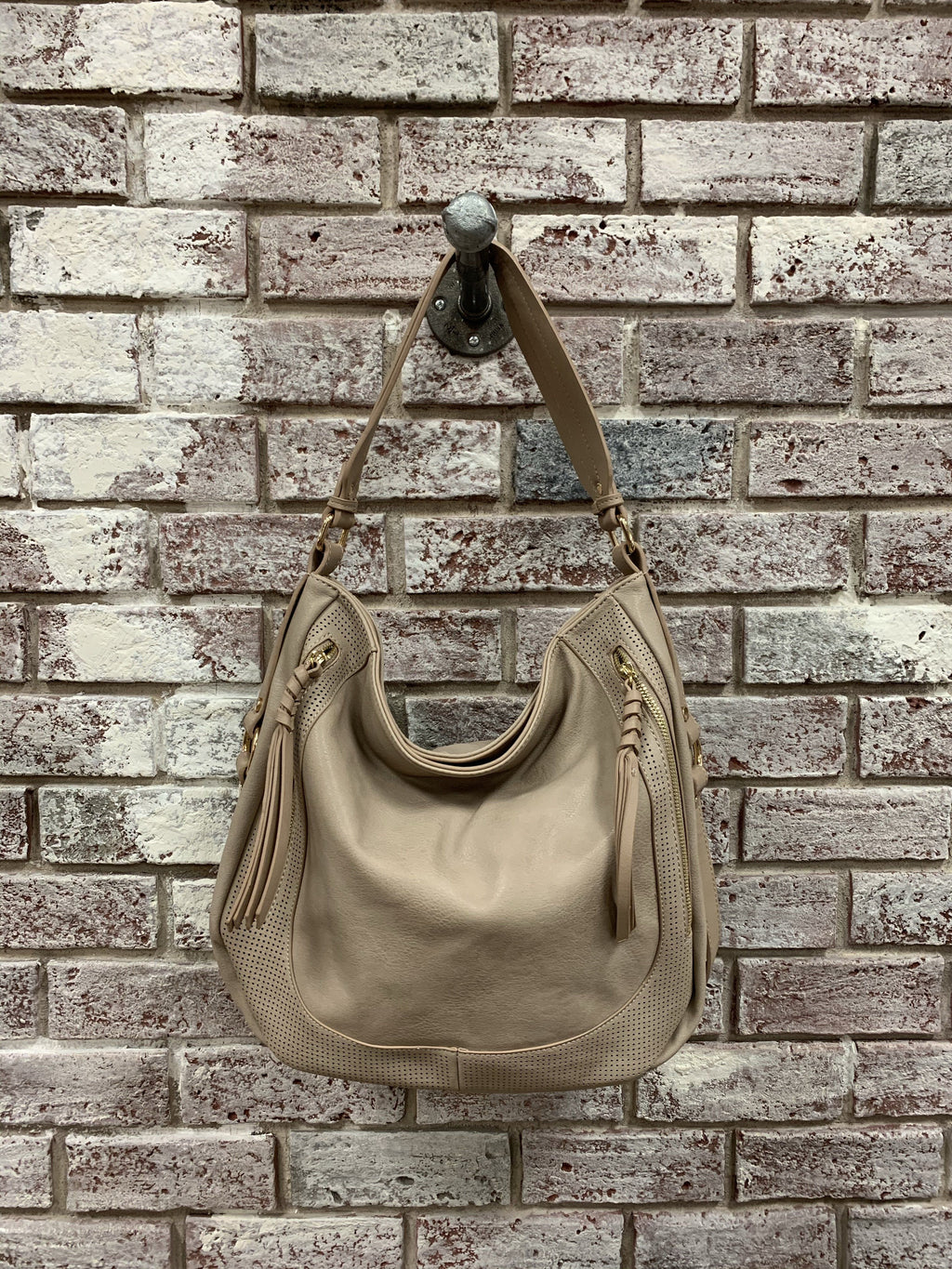 Front Pocket Accent Perforated Single Strap Hobo handbags Johnathan Michael's Boutique light stone 