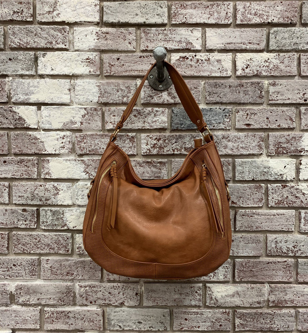 Front Pocket Accent Perforated Single Strap Hobo handbags Johnathan Michael's Boutique brown 
