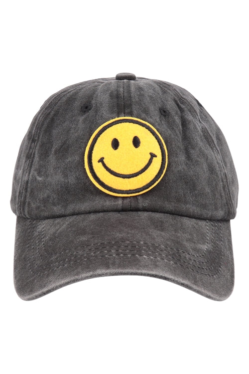 SMILEY LOGO ACID WASHED TEXTURED FASHION FASHION CAP-BLACK