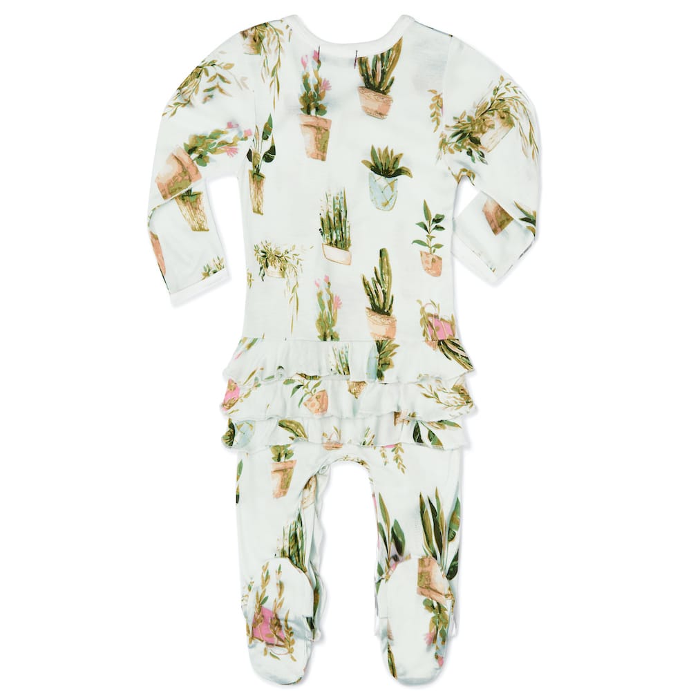 Potted Plants Bamboo Ruffle Zipper Footed Romper