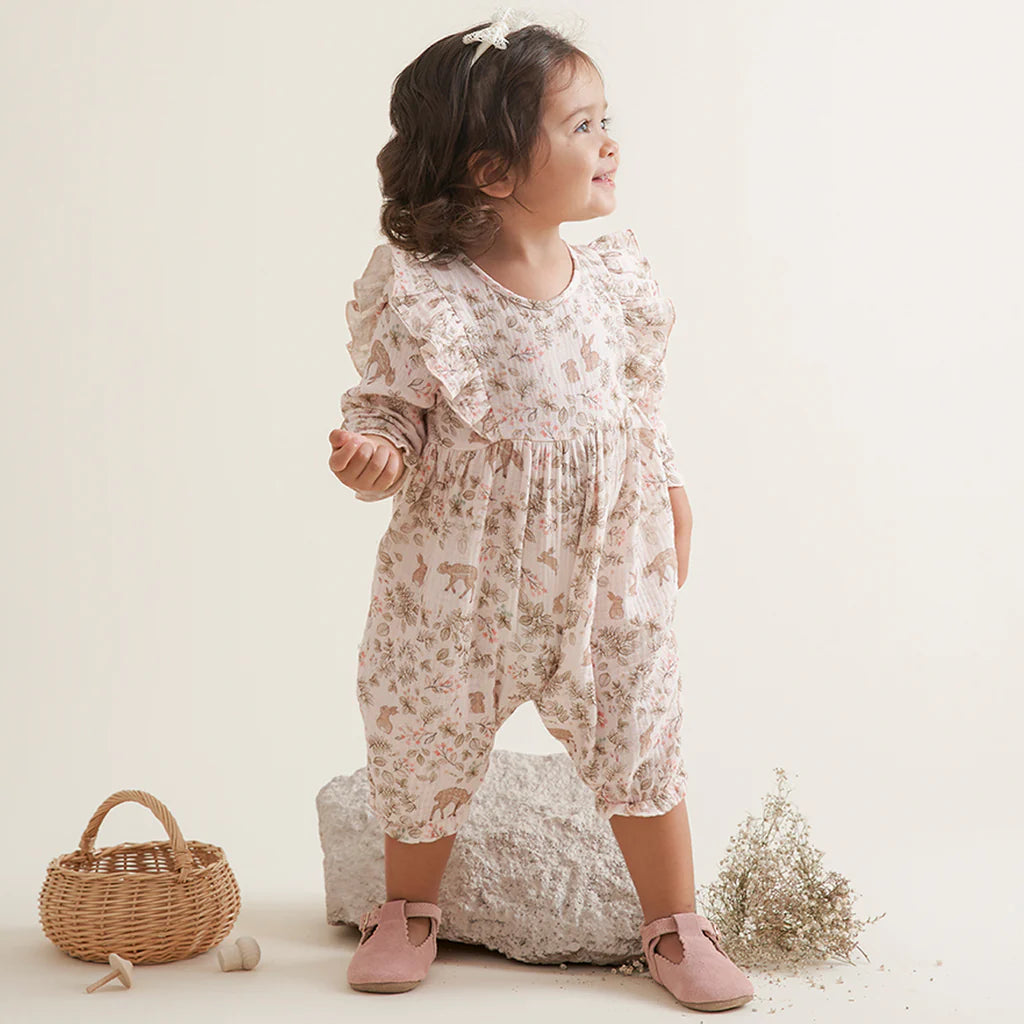 WOODLAND PRINT ORGANIC MUSLIN FLUTTER BABY JUMPSUIT Johnathan Michael s Boutique